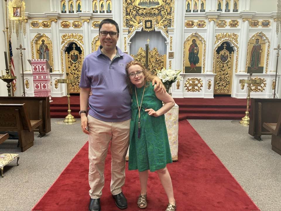 Eric and Maeve at the front of an Orthodox cathedral
