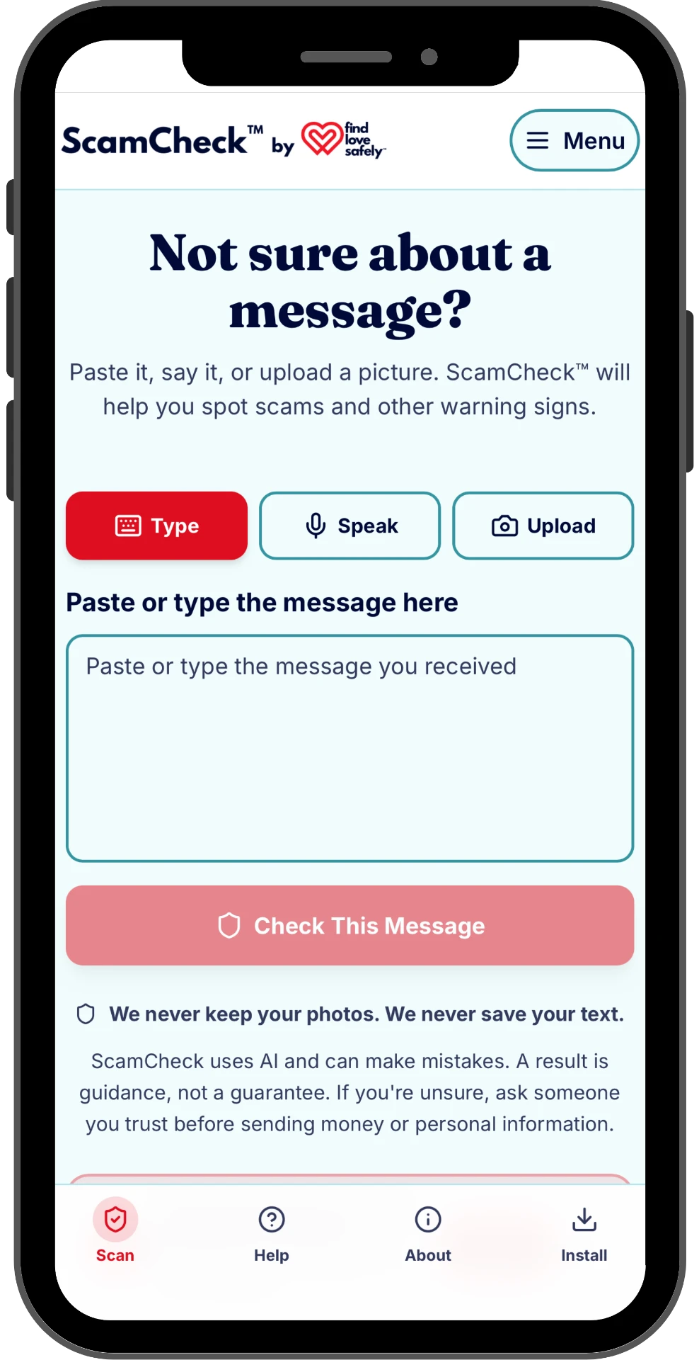 ScamCheck home screen on a phone showing Type, Talk, and Picture options