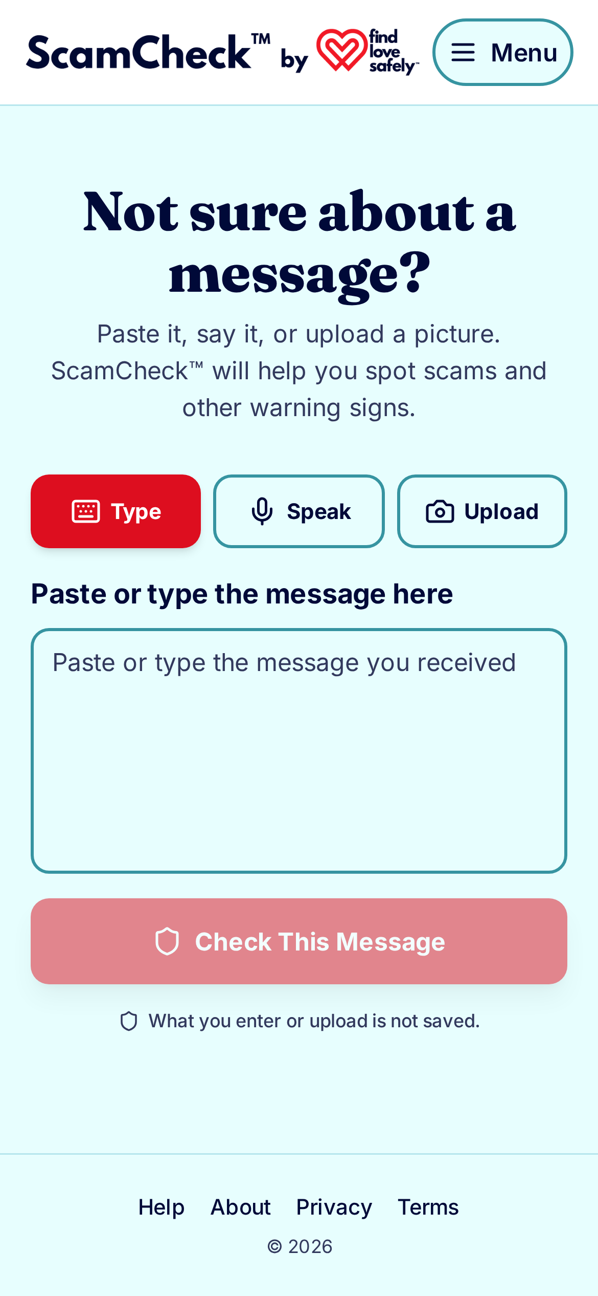 ScamCheck interface on a phone showing Type, Speak, and Upload options