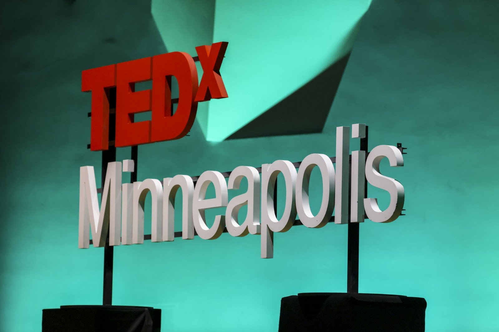 Close view of the TEDxMinneapolis stage lettering