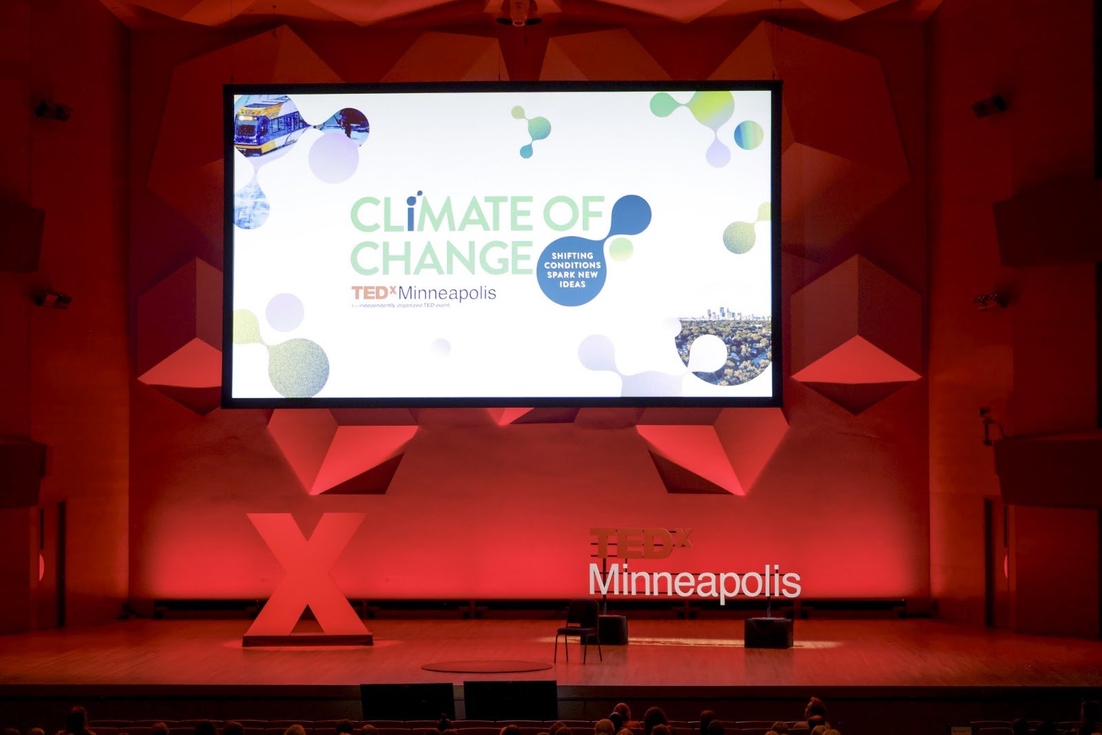 The TEDxMinneapolis “Climate of Change” title slide on the main screen