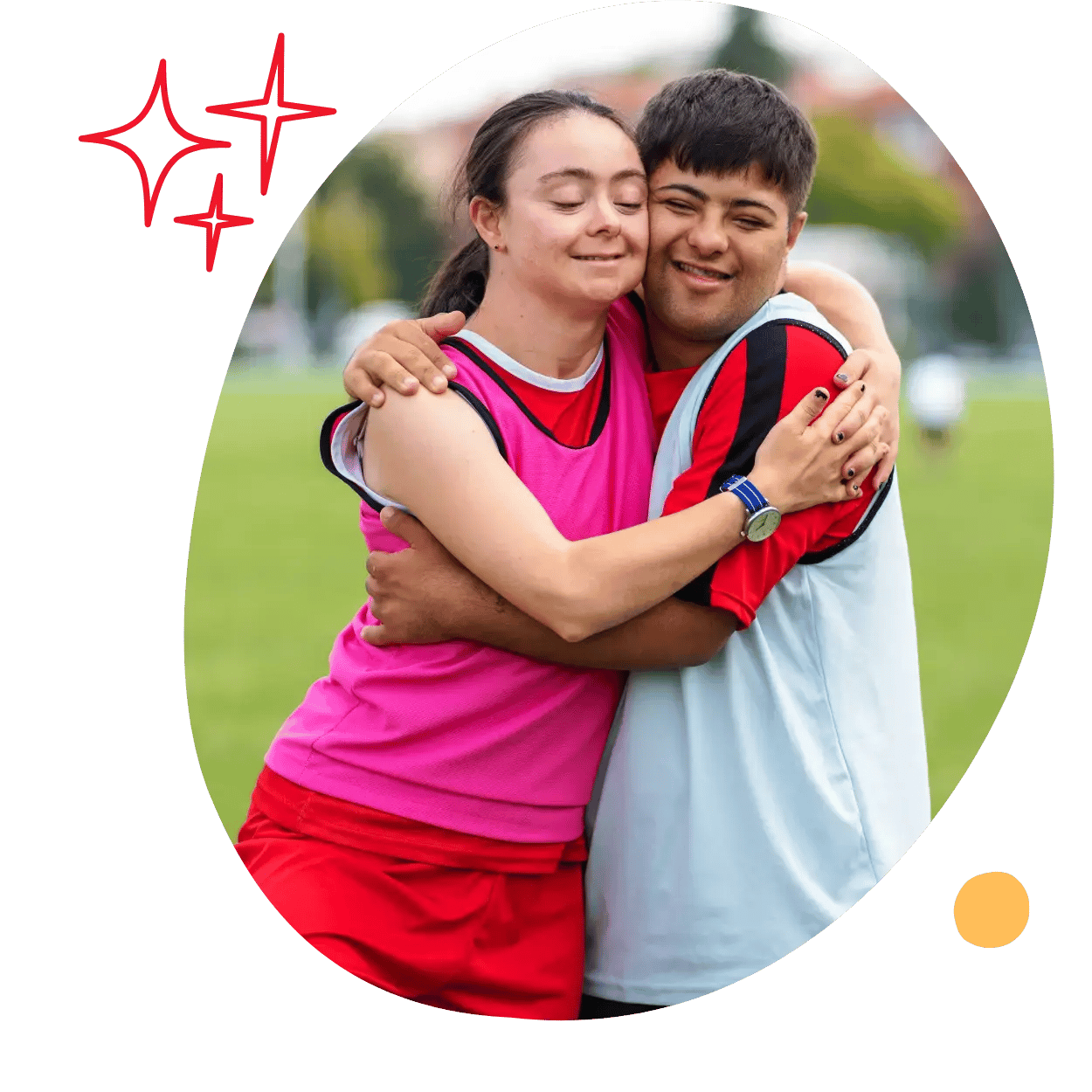 Young athletic couple, both with an intellectual disability, hugging